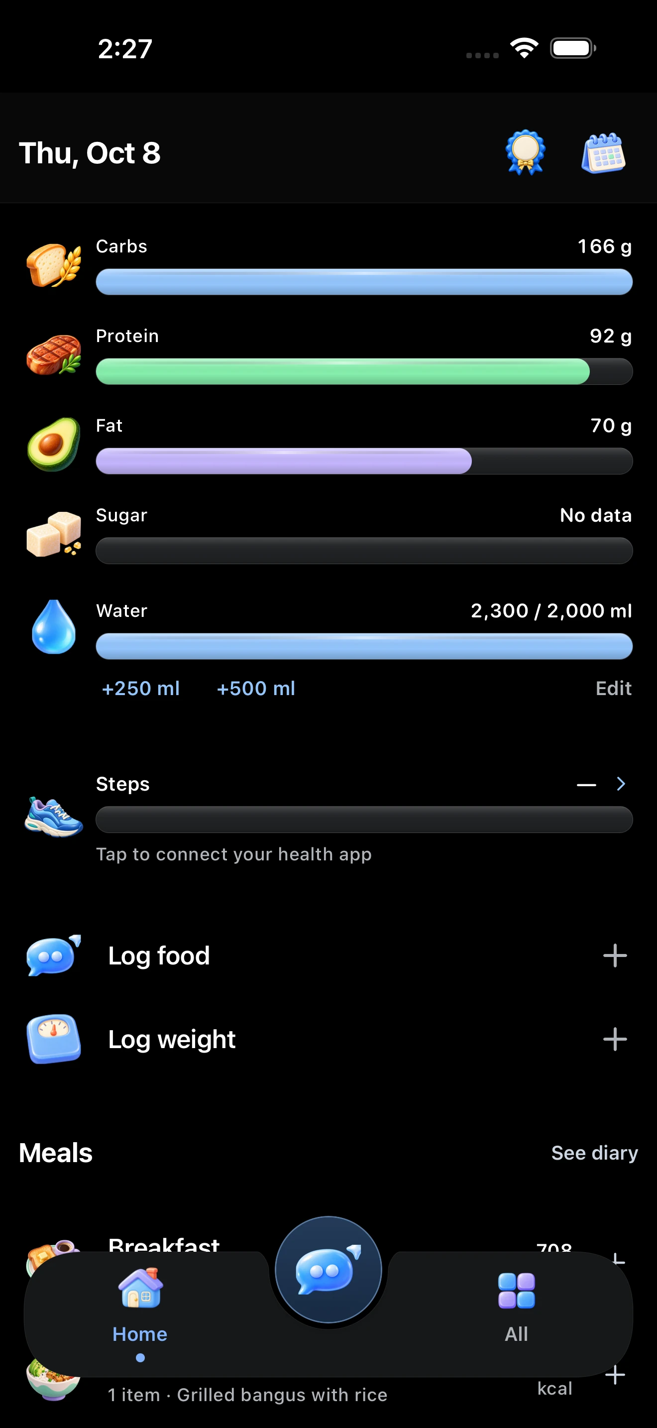 Home showing nutrients, water quick-add buttons, steps, and food and weight logging