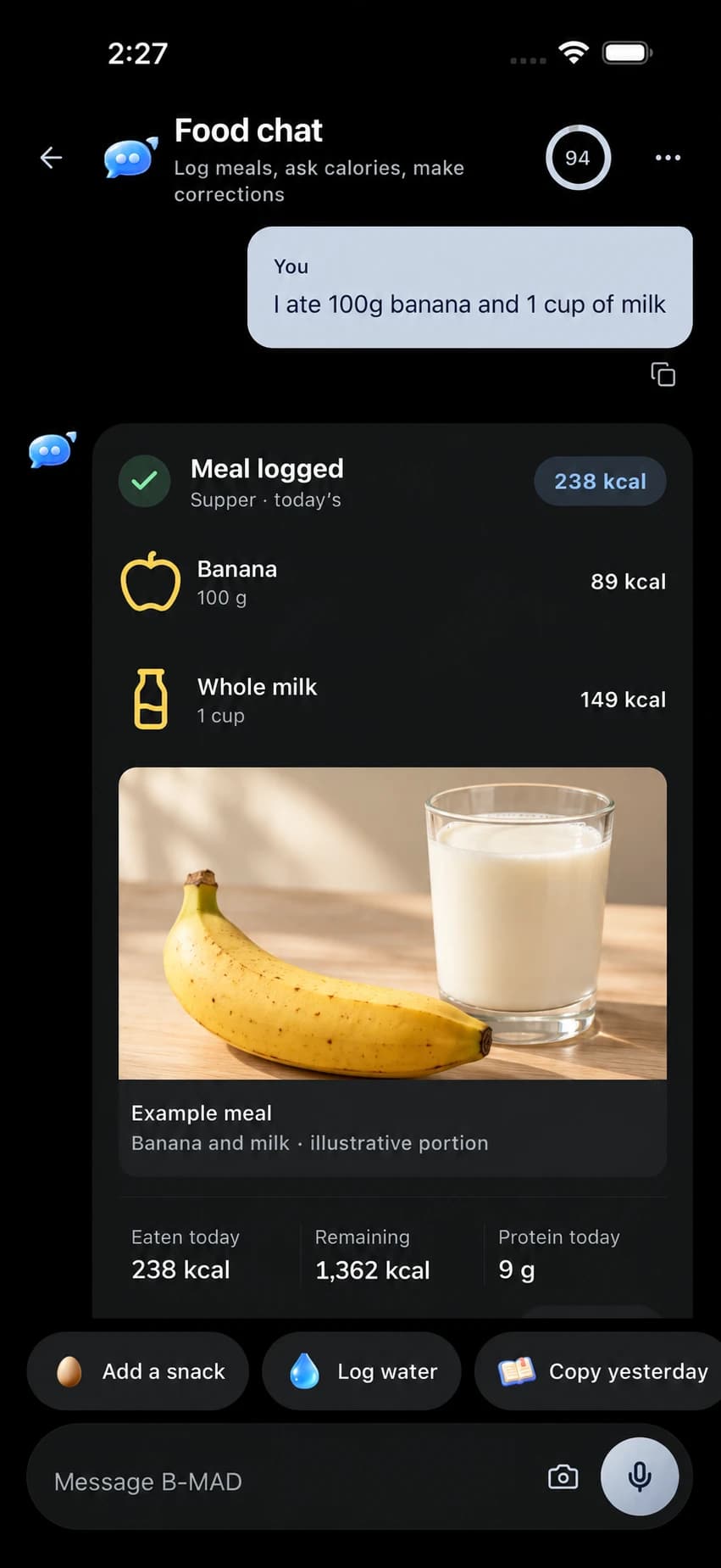 Illustrative B-MAD Food chat example logging banana and milk, with a meal photo and readable calorie totals