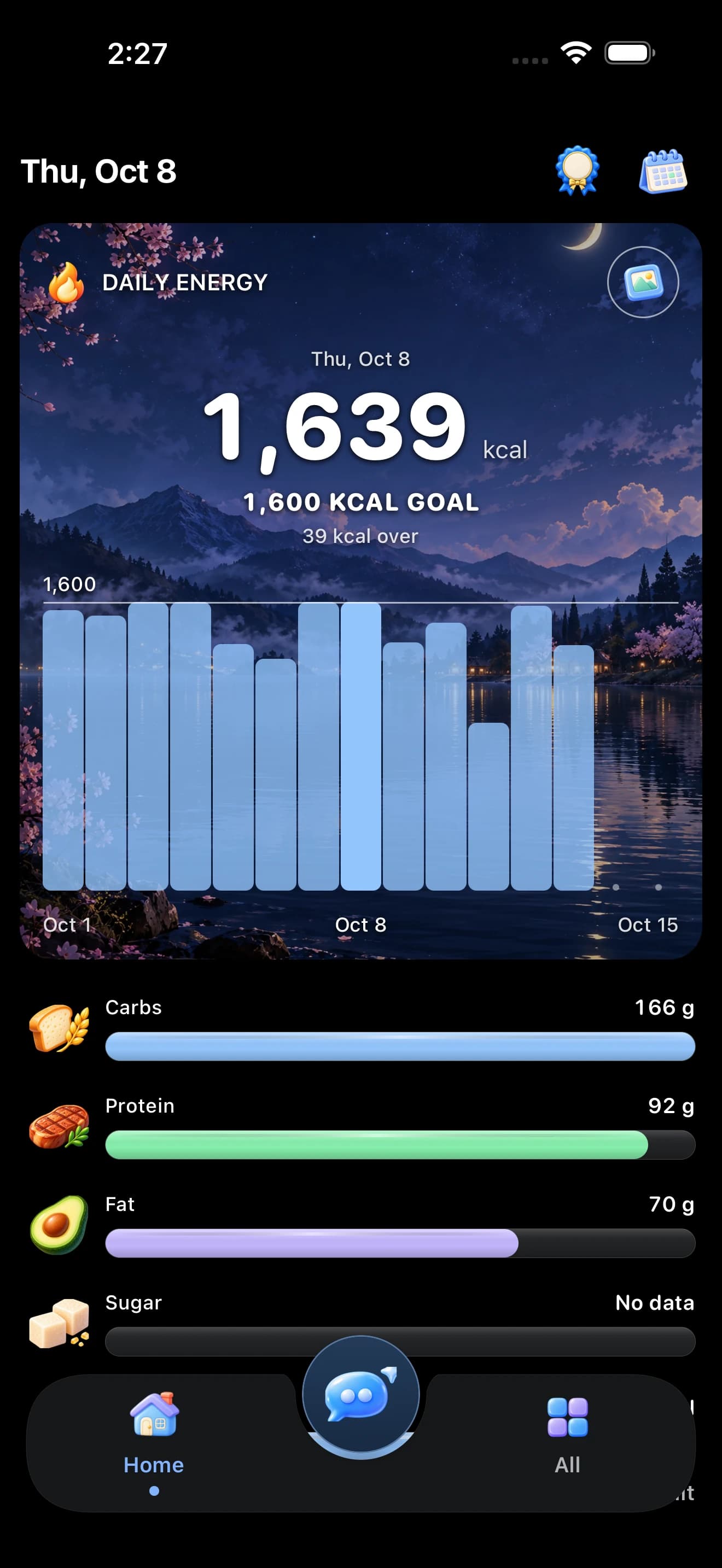 B-MAD Home with a moonlit daily energy card and nutrient totals